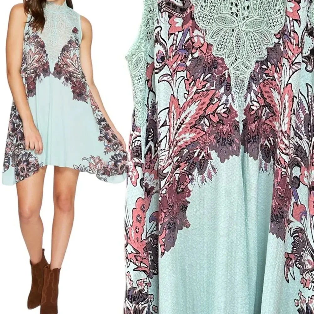 NWT Free People Womens Marsha Lace Slip Mini Dress Mermaid Green X-Small
